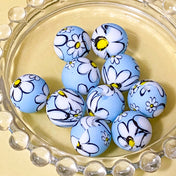 pale blue white and yellow daisy pattern patterned print floral flower flowers silicone 15mm bead beads soft round uk cute kawaii craft supplies shop store pretty jewellery making beaded pen pens make your own