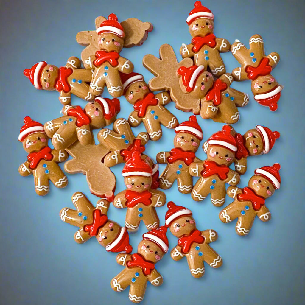 gingerbread ginger bread man men resin flatback flat back fb fbs embellishment christmas festive resins uk cute kawaii craft supplies shop brown red white santa hat hats bow bargain 