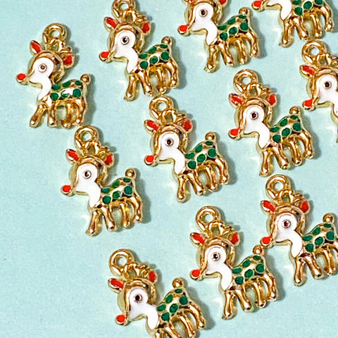 reindeer deer reindeers gold tone metal enamel enamelled charm charms pendant pendants uk cute kawaii craft supplies shop store winter christmas festive 20mm chunky red and green rudolph