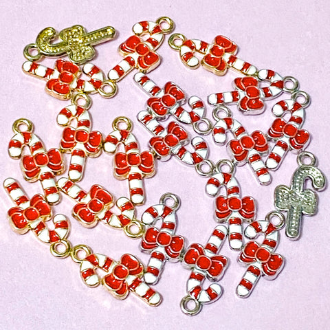 candy cane canes red and white stripe striped charm charms pendant pendants enamel enamelled silver gold tone metal 20mm cute kawaii craft supplies shop store uk jewellery making festive christmas