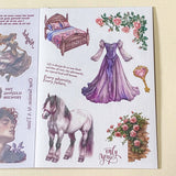 sleeping beauty fairytale desoctative pink and lilac sticker book of 18 washi paper and clear plastic stickers in a foilo