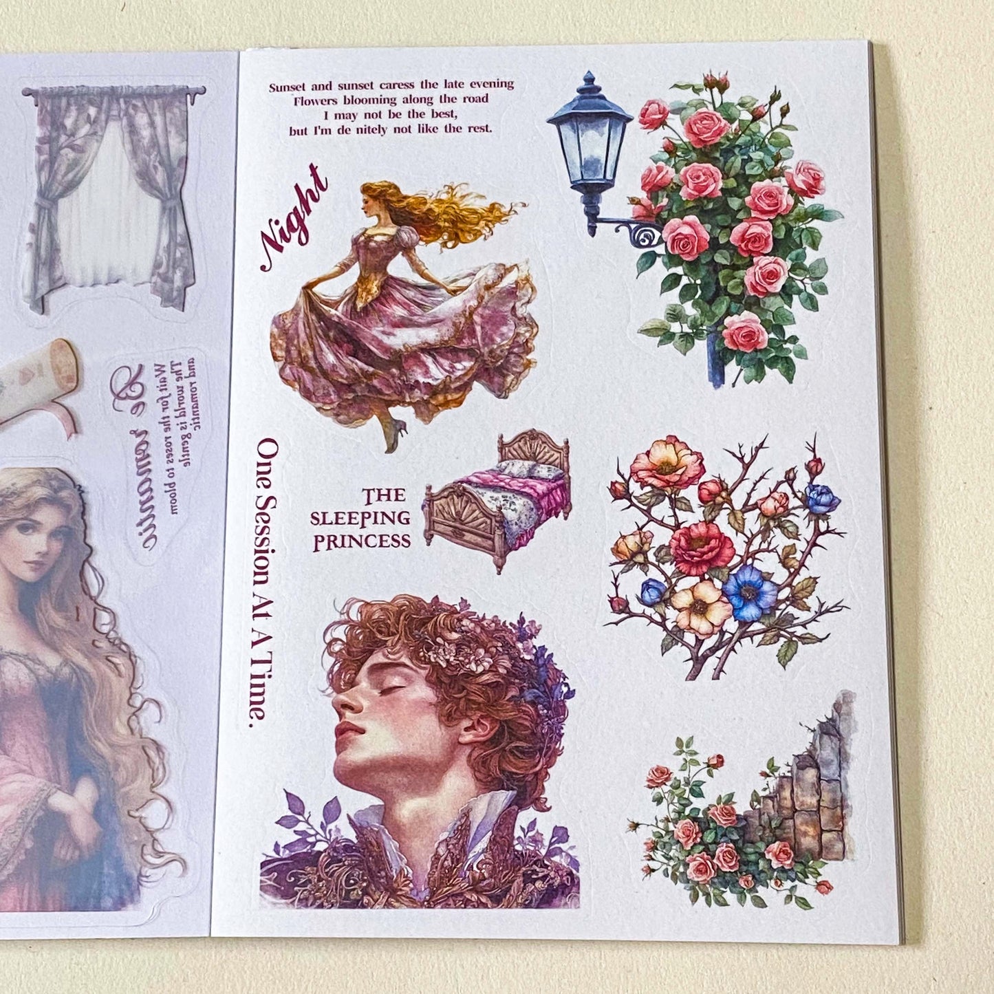 sleeping beauty fairytale desoctative pink and lilac sticker book of 18 washi paper and clear plastic stickers in a foilo