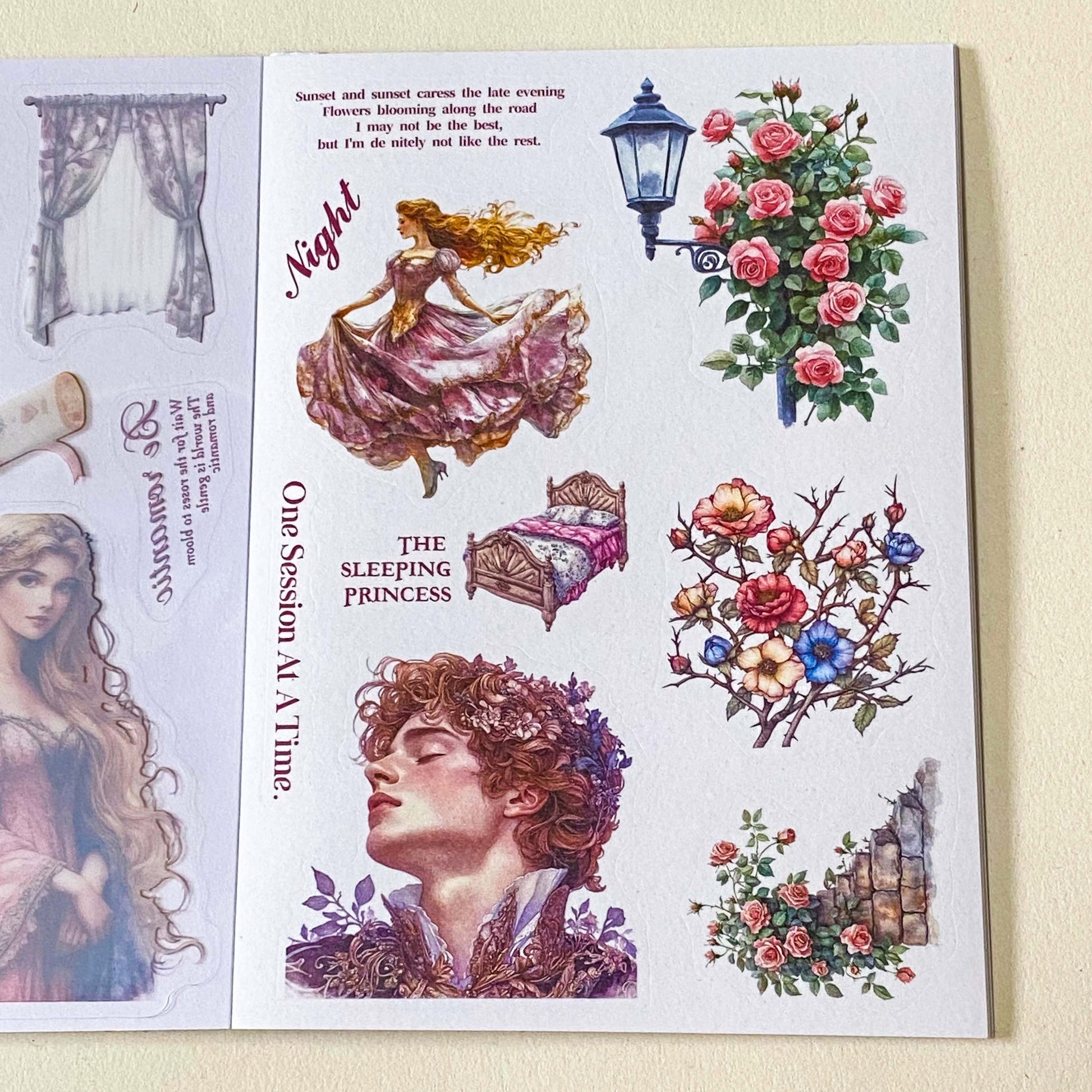 sleeping beauty fairytale desoctative pink and lilac sticker book of 18 washi paper and clear plastic stickers in a foilo