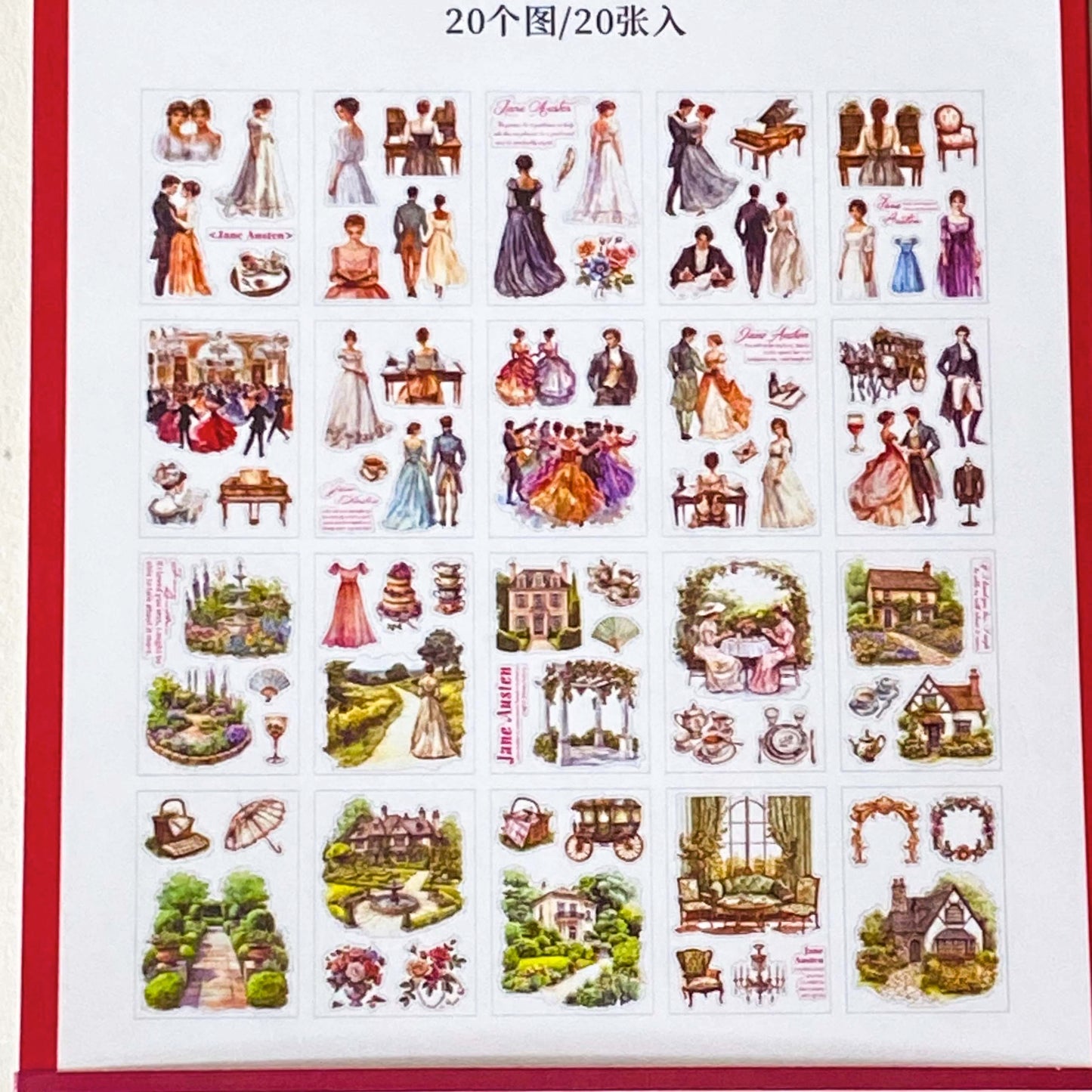 jane austen literary classic inspired book of 20 clear sticker sheets with vintage costume, houses, ladies and daily life