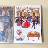 jane austen literary classic inspired book of 20 clear sticker sheets with vintage costume, houses, ladies and daily life