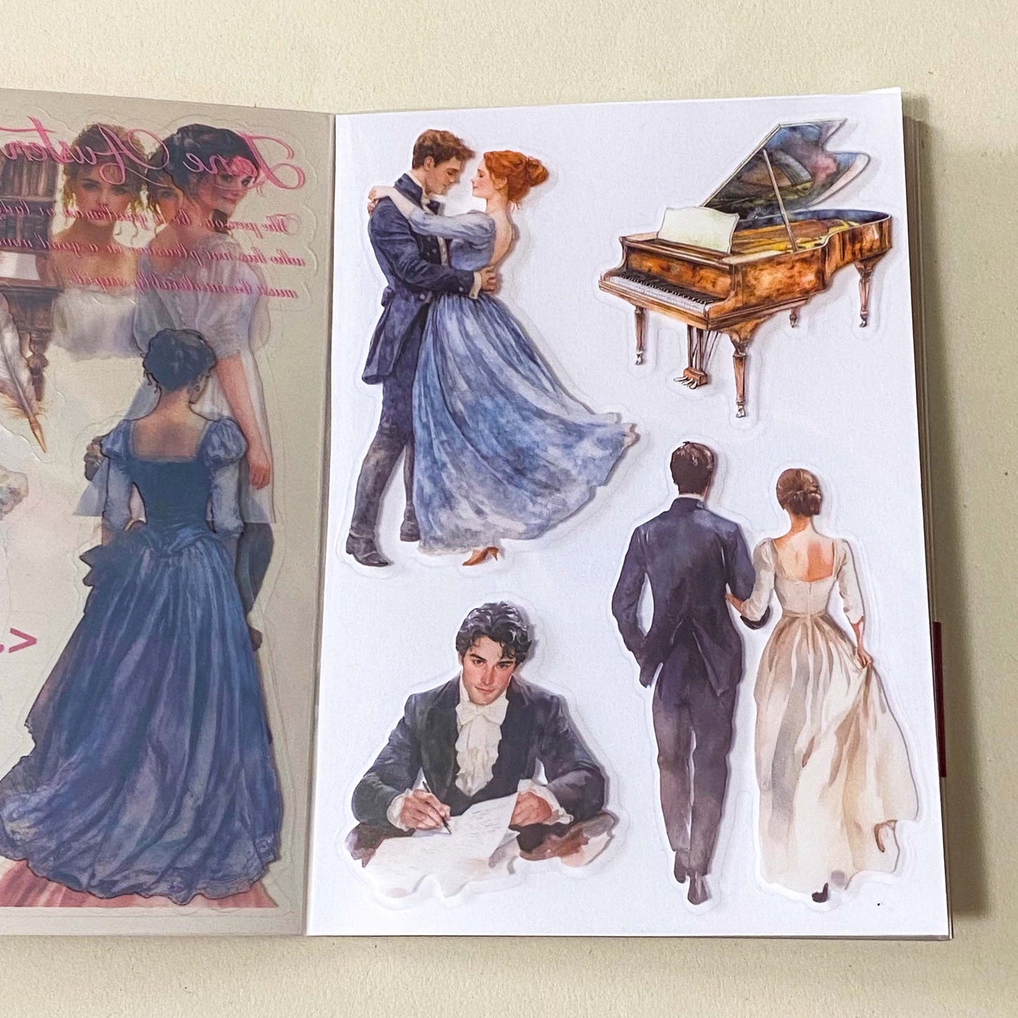 jane austen literary classic inspired book of 20 clear sticker sheets with vintage costume, houses, ladies and daily life