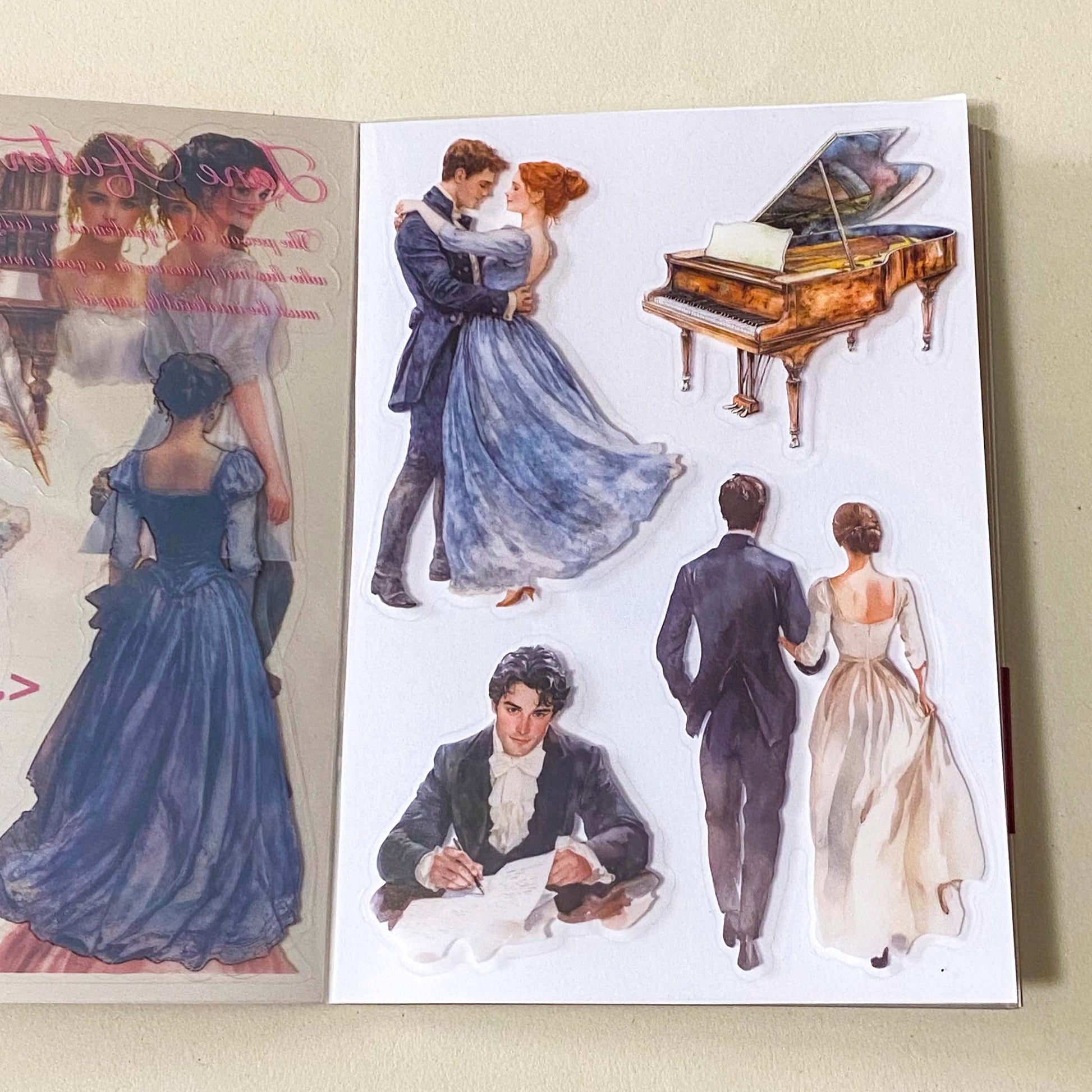 jane austen literary classic inspired book of 20 clear sticker sheets with vintage costume, houses, ladies and daily life