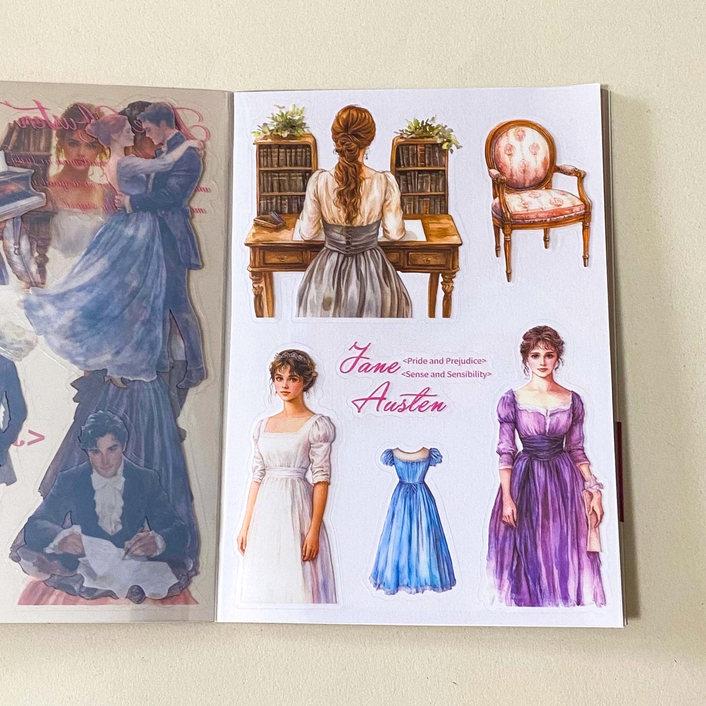 jane austen literary classic inspired book of 20 clear sticker sheets with vintage costume, houses, ladies and daily life