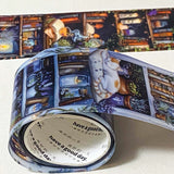 wide 40mm 4cm bookshelf clear washi tape panel with candles, books, plants and sleeping cats in warm and cool tones