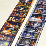 wide 40mm 4cm bookshelf clear washi tape panel with candles, books, plants and sleeping cats in warm and cool tones