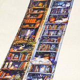 wide 40mm 4cm bookshelf clear washi tape panel with candles, books, plants and sleeping cats in warm and cool tones