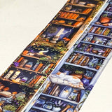 wide 40mm 4cm bookshelf clear washi tape panel with candles, books, plants and sleeping cats in warm and cool tones