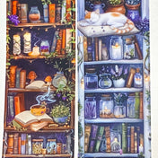wide 40mm 4cm bookshelf clear washi tape panel with candles, books, plants and sleeping cats in warm and cool tones