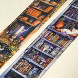 wide 40mm 4cm bookshelf clear washi tape panel with candles, books, plants and sleeping cats in warm and cool tones