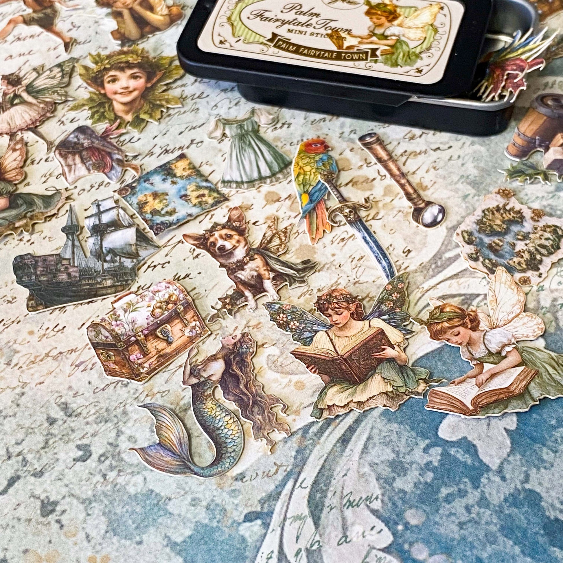 peter pan and tinkerbell vintage card sticker tin of 60 small storybook illustrations including pirates, parrot, maps, ship and lost boys for journaling and scrapbooking