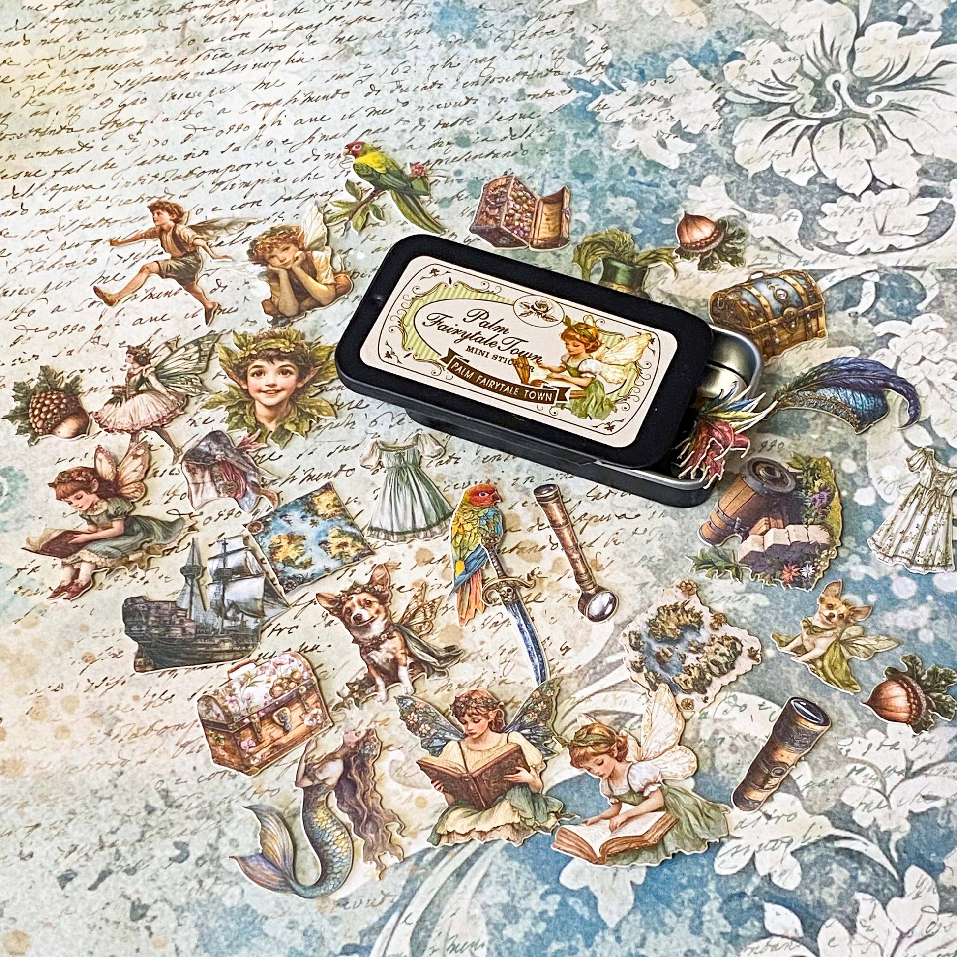peter pan and tinkerbell vintage card sticker tin of 60 small storybook illustrations including pirates, parrot, maps, ship and lost boys for journaling and scrapbooking