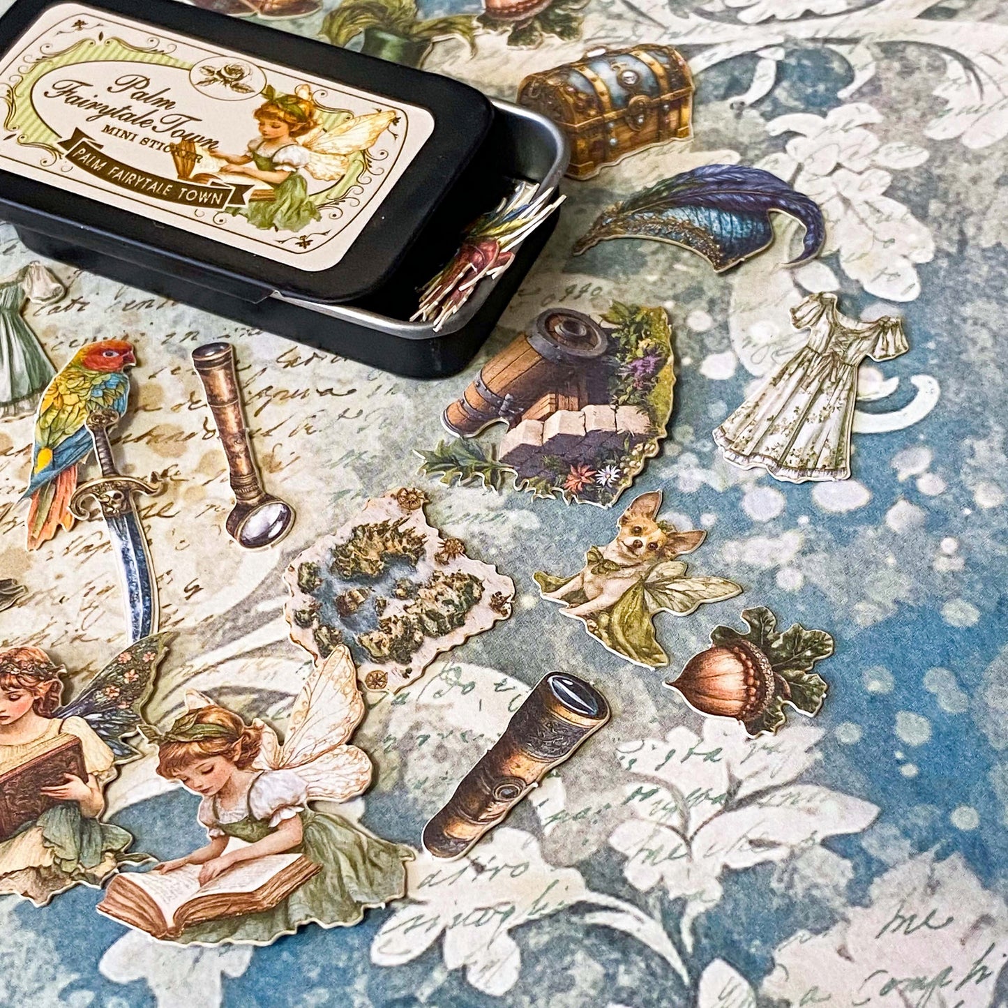 peter pan and tinkerbell vintage card sticker tin of 60 small storybook illustrations including pirates, parrot, maps, ship and lost boys for journaling and scrapbooking