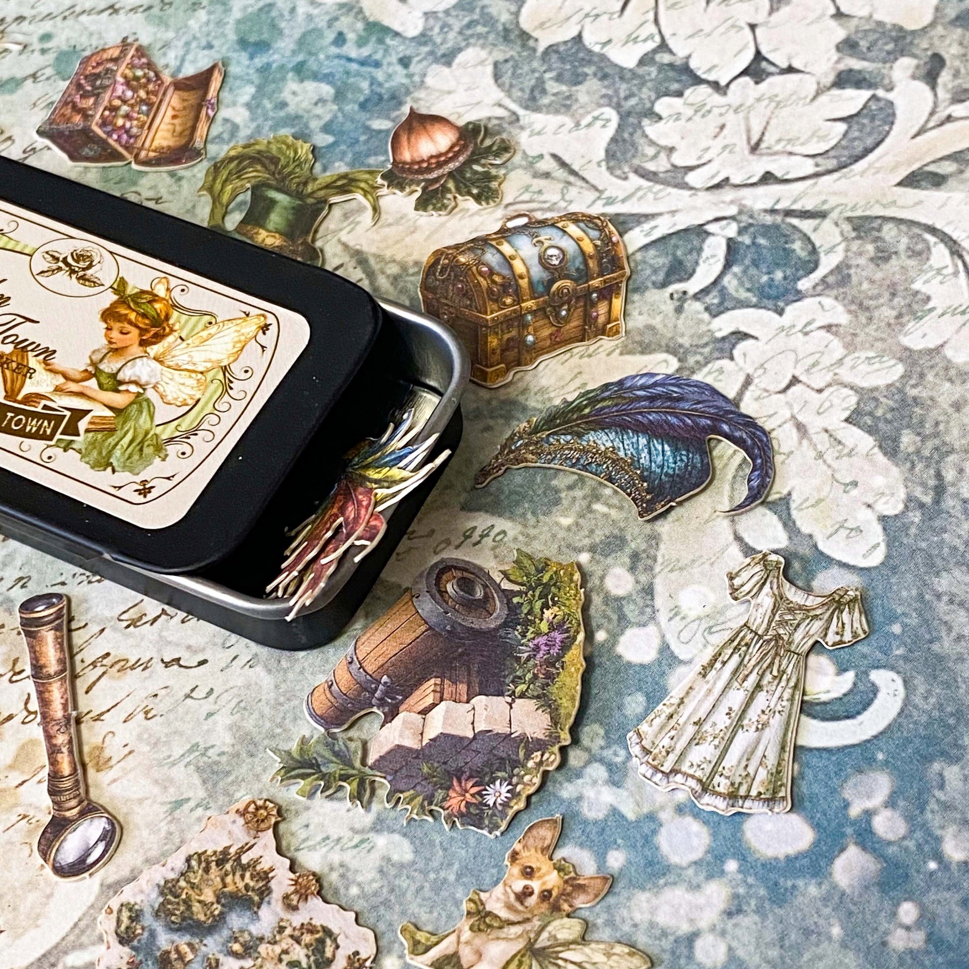 peter pan and tinkerbell vintage card sticker tin of 60 small storybook illustrations including pirates, parrot, maps, ship and lost boys for journaling and scrapbooking