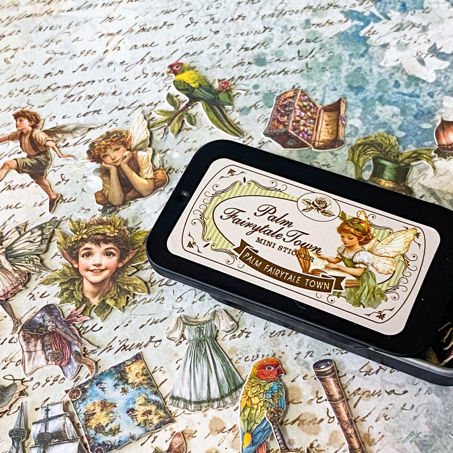 peter pan and tinkerbell vintage card sticker tin of 60 small storybook illustrations including pirates, parrot, maps, ship and lost boys for journaling and scrapbooking