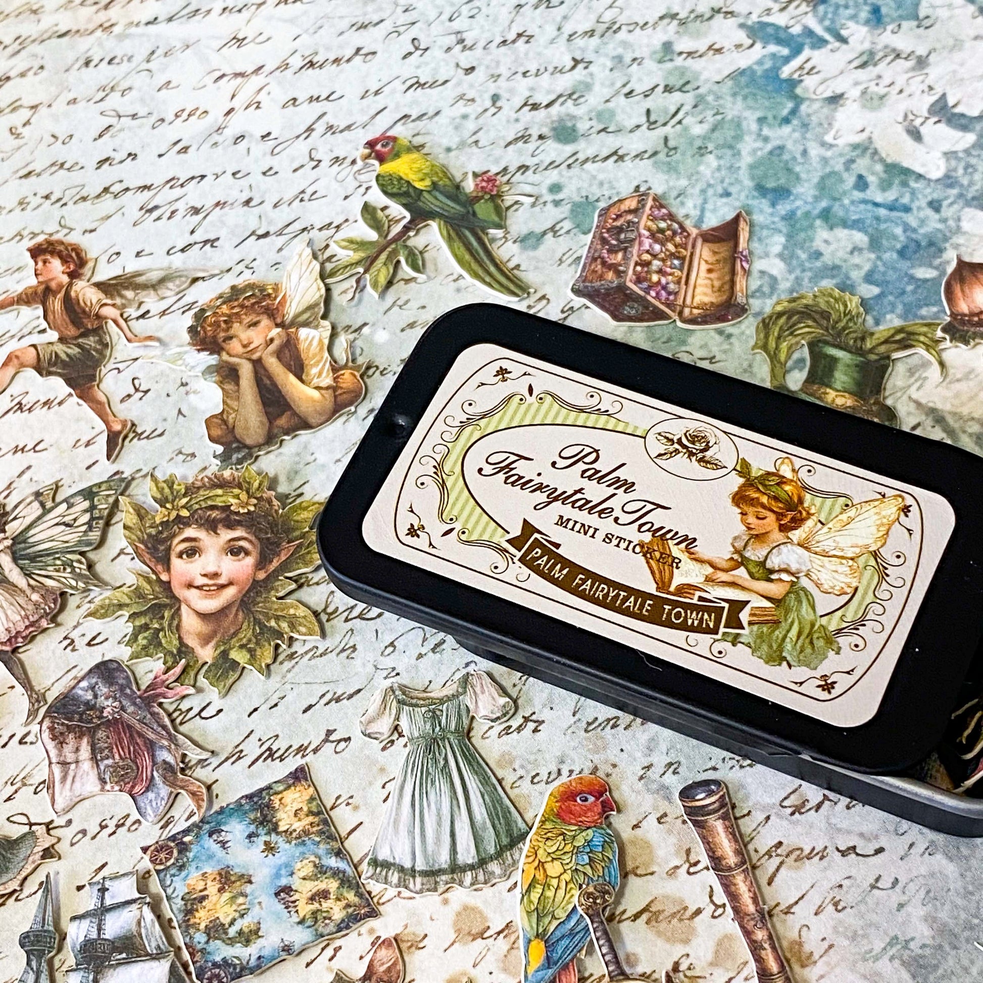 peter pan and tinkerbell vintage card sticker tin of 60 small storybook illustrations including pirates, parrot, maps, ship and lost boys for journaling and scrapbooking