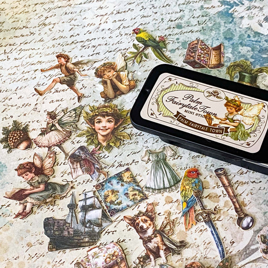 peter pan and tinkerbell vintage card sticker tin of 60 small storybook illustrations including pirates, parrot, maps, ship and lost boys for journaling and scrapbooking