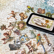 peter pan and tinkerbell vintage card sticker tin of 60 small storybook illustrations including pirates, parrot, maps, ship and lost boys for journaling and scrapbooking