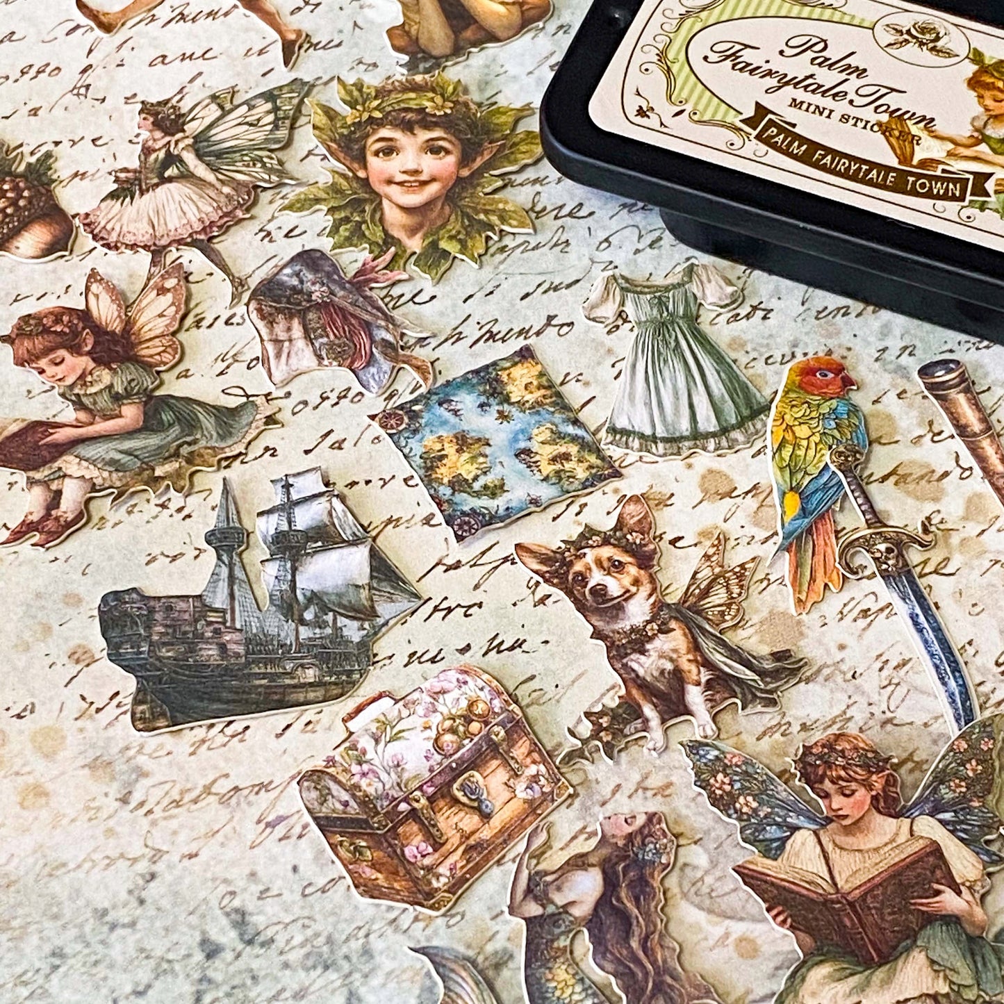 peter pan and tinkerbell vintage card sticker tin of 60 small storybook illustrations including pirates, parrot, maps, ship and lost boys for journaling and scrapbooking