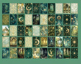 green forest and celestial scrapbook paper mini book with moons, arches, lights and vintage patterns