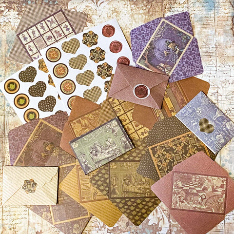 retro vintage alice in wonderland halloween style envelope kit to make your own decorative mini envelopes with paper and sticker seals