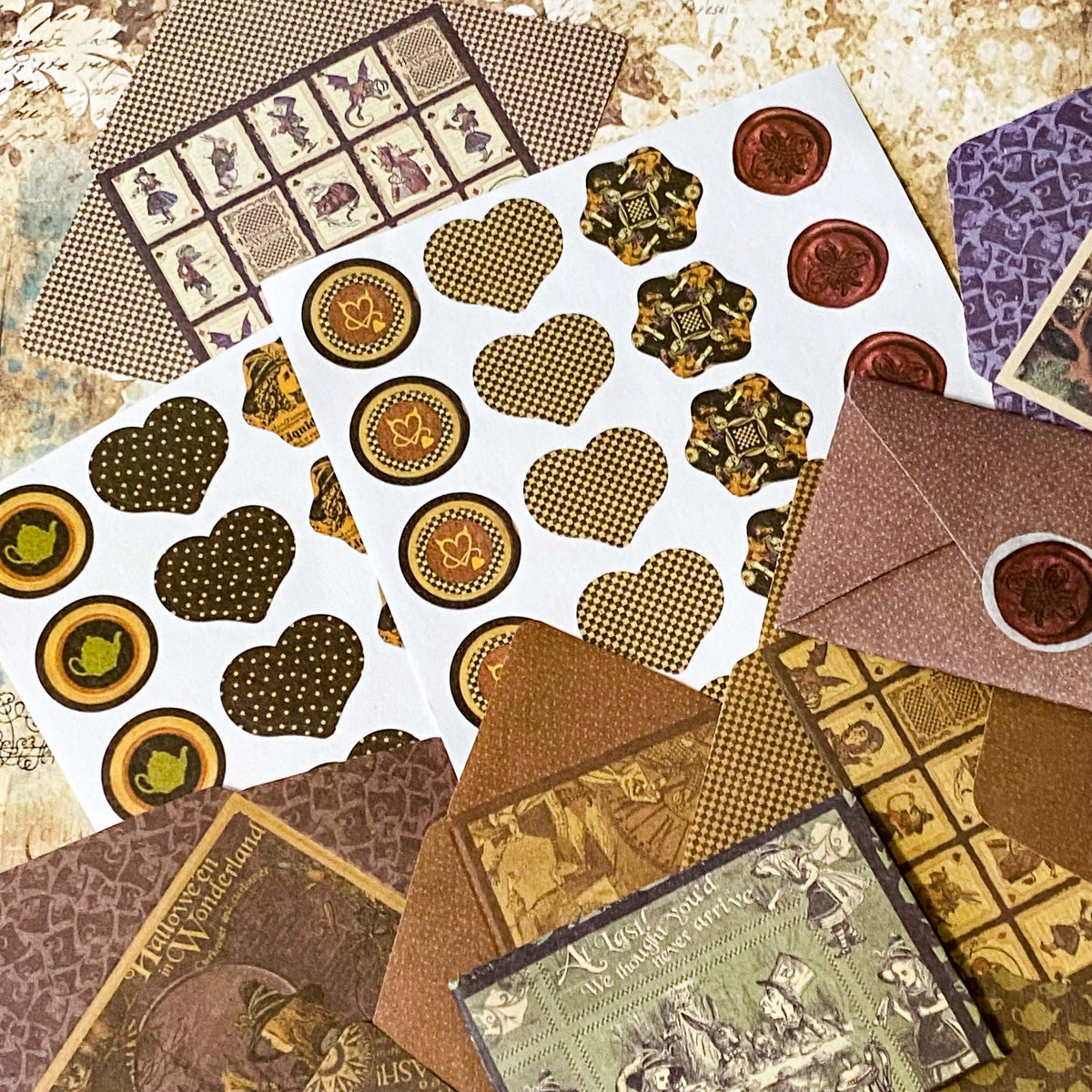 retro vintage alice in wonderland halloween style envelope kit to make your own decorative mini envelopes with paper and sticker seals