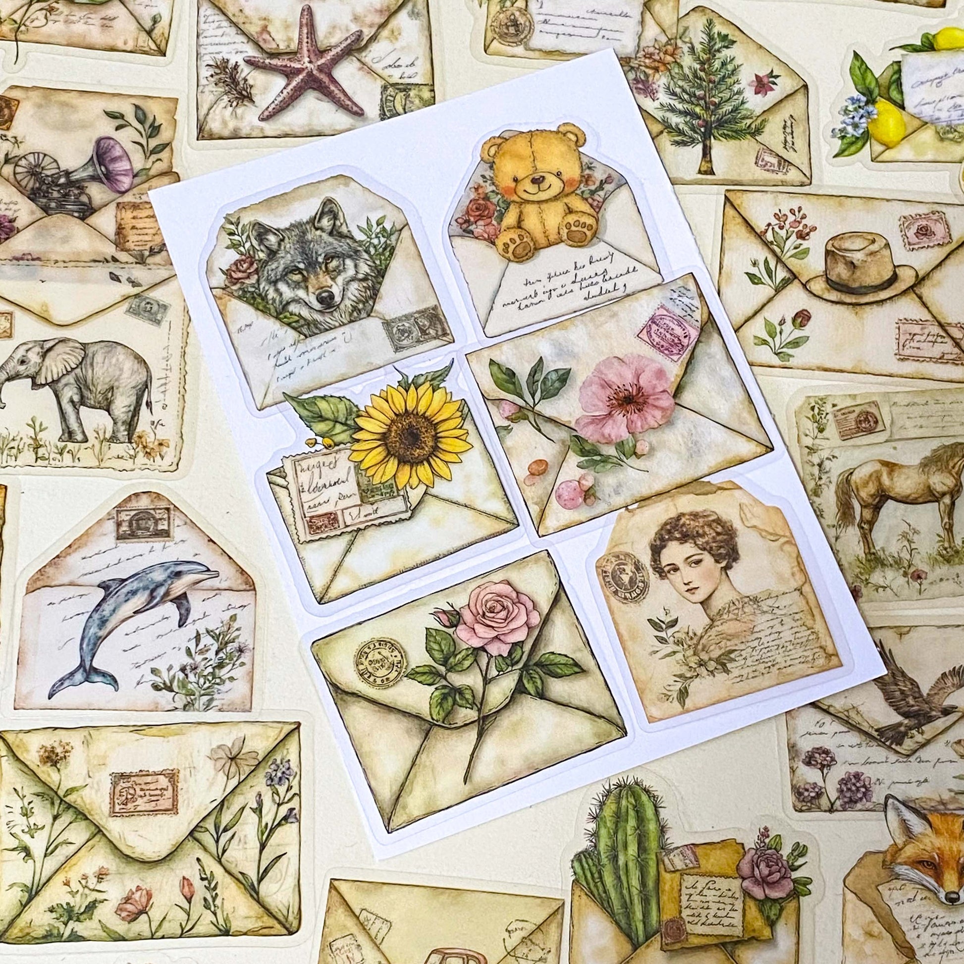 pack of 50 different vintage envelope themed decorative stickers featuring woodland animals, flowers, butterflies, birds and botanical illustrations. clear PET sticker set for journaling and scrapbooking.
