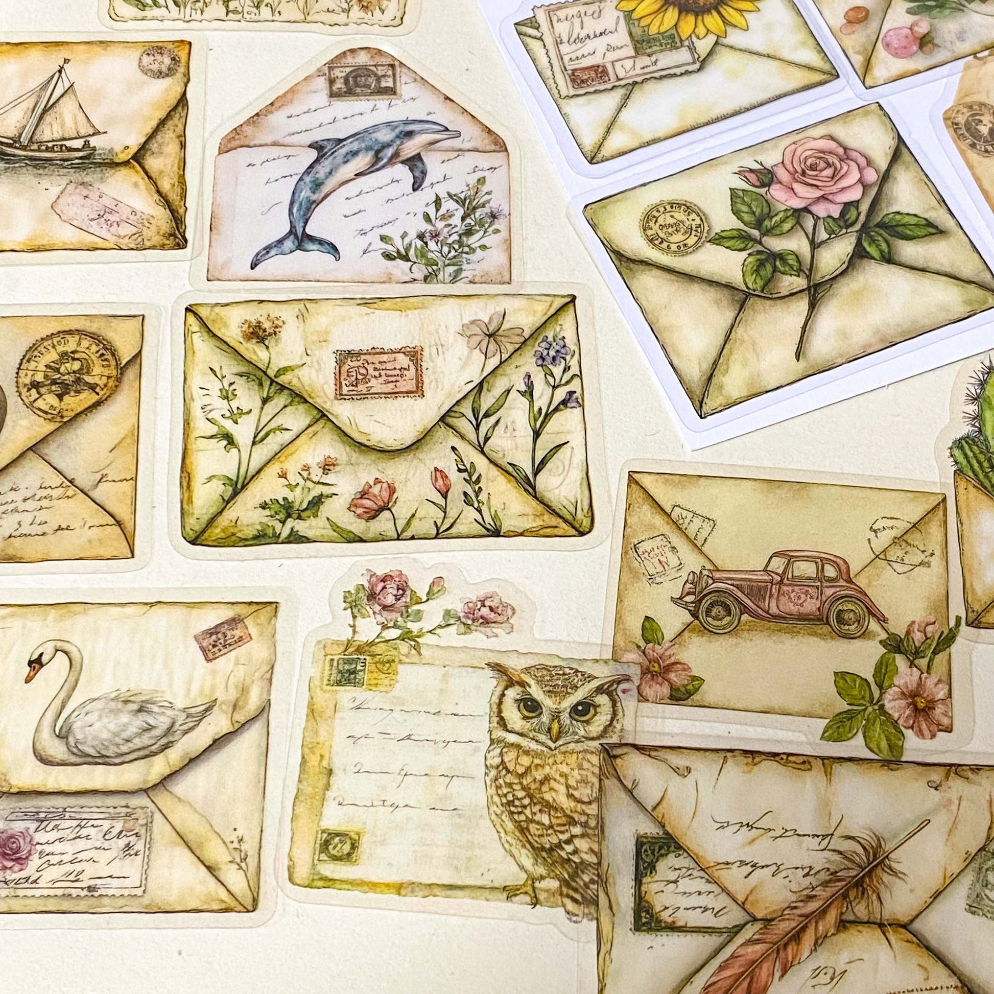 pack of 50 different vintage envelope themed decorative stickers featuring woodland animals, flowers, butterflies, birds and botanical illustrations. clear PET sticker set for journaling and scrapbooking.