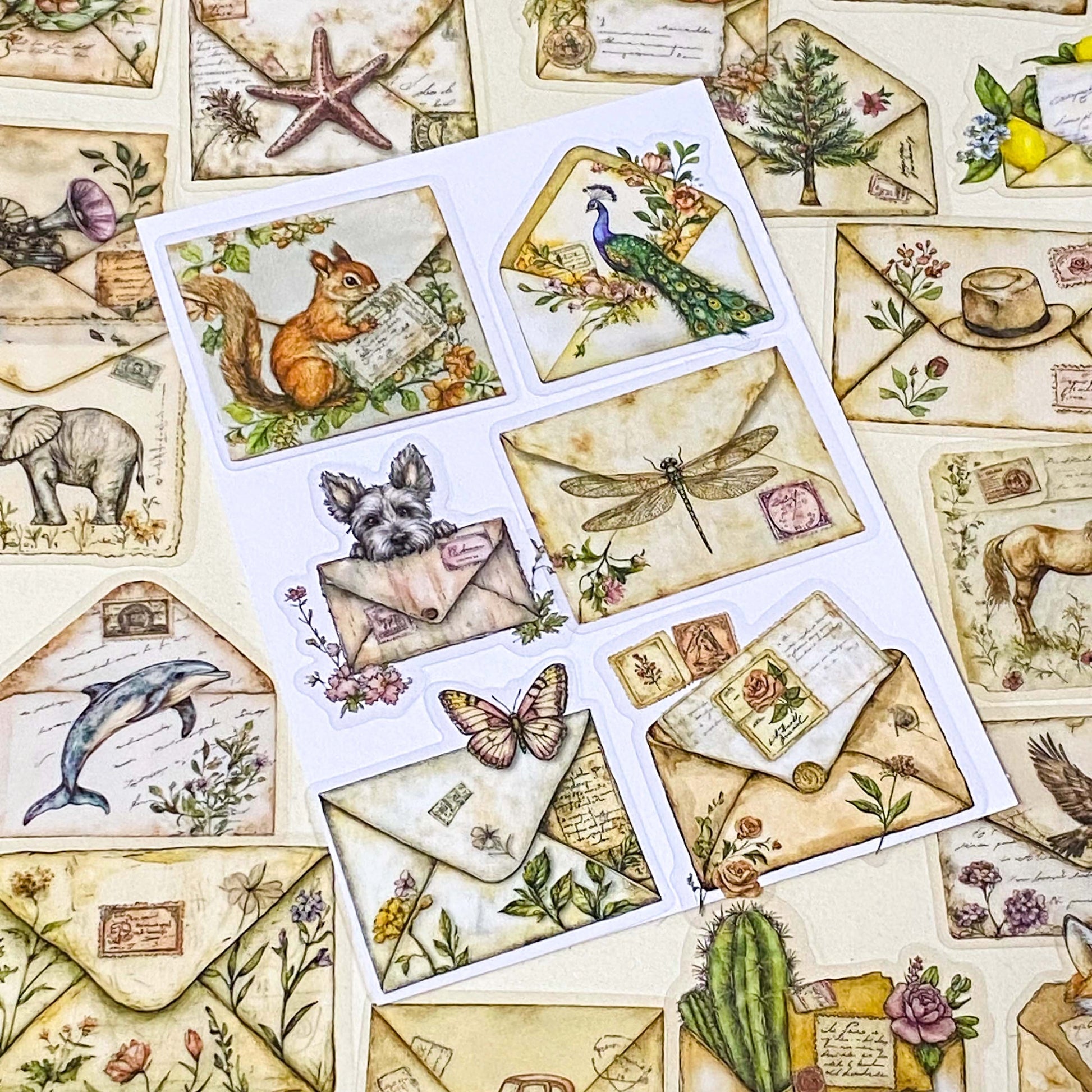 pack of 50 different vintage envelope themed decorative stickers featuring woodland animals, flowers, butterflies, birds and botanical illustrations. clear PET sticker set for journaling and scrapbooking.