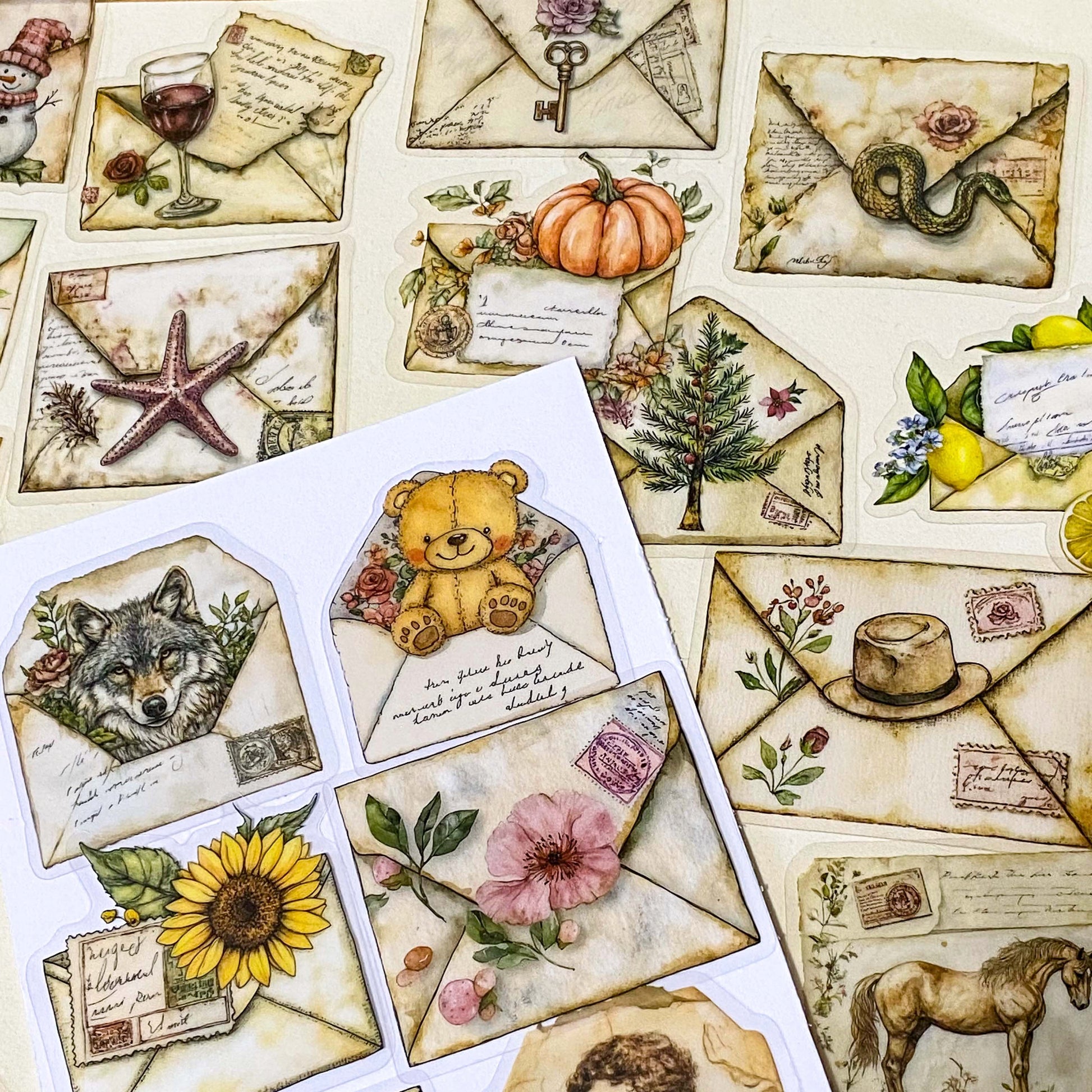 pack of 50 different vintage envelope themed decorative stickers featuring woodland animals, flowers, butterflies, birds and botanical illustrations. clear PET sticker set for journaling and scrapbooking.