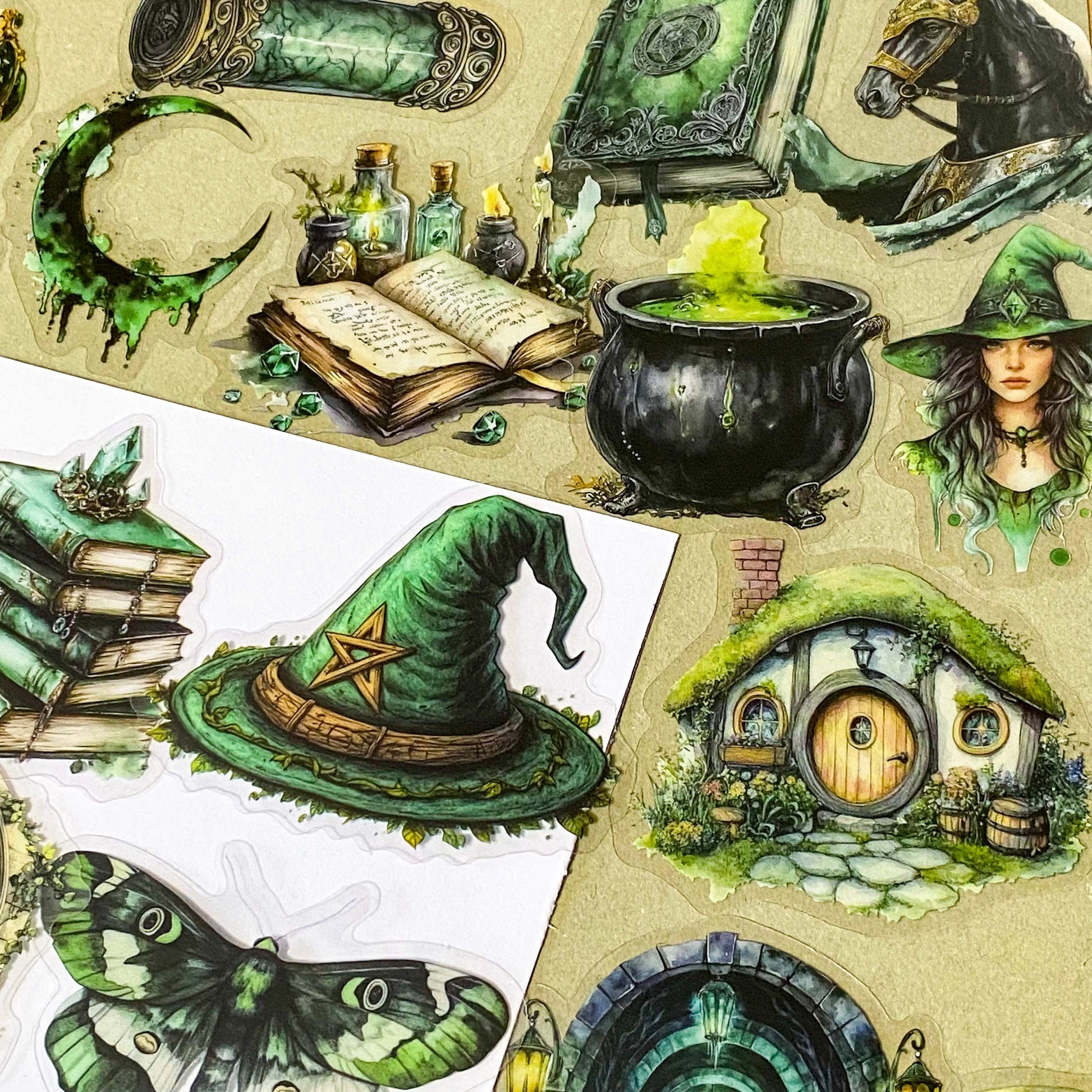 pack of 50 different emerald green magical stickers featuring witches, spell books, crystals, ravens, lanterns, enchanted moths, potion bottles and fantasy green clear PET illustrations. Uk stationery shop.