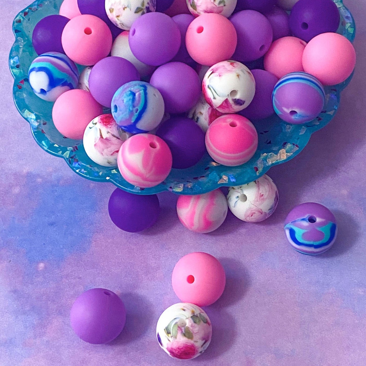silicone 15mm 16mm large bead beads cute kawaii craft supplies uk shop store pink marble swirl swirly blue purple lilac floral pattern jewellery making pen build your own beaded pens