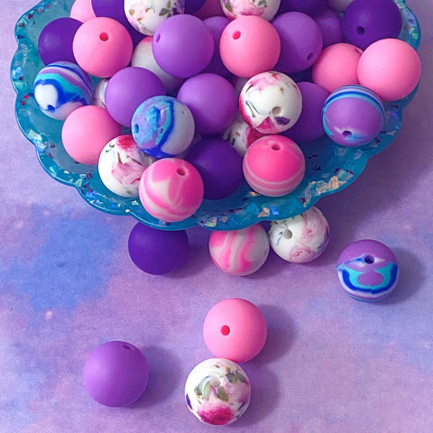 silicone 15mm 16mm large bead beads cute kawaii craft supplies uk shop store pink marble swirl swirly blue purple lilac floral pattern jewellery making pen build your own beaded pens