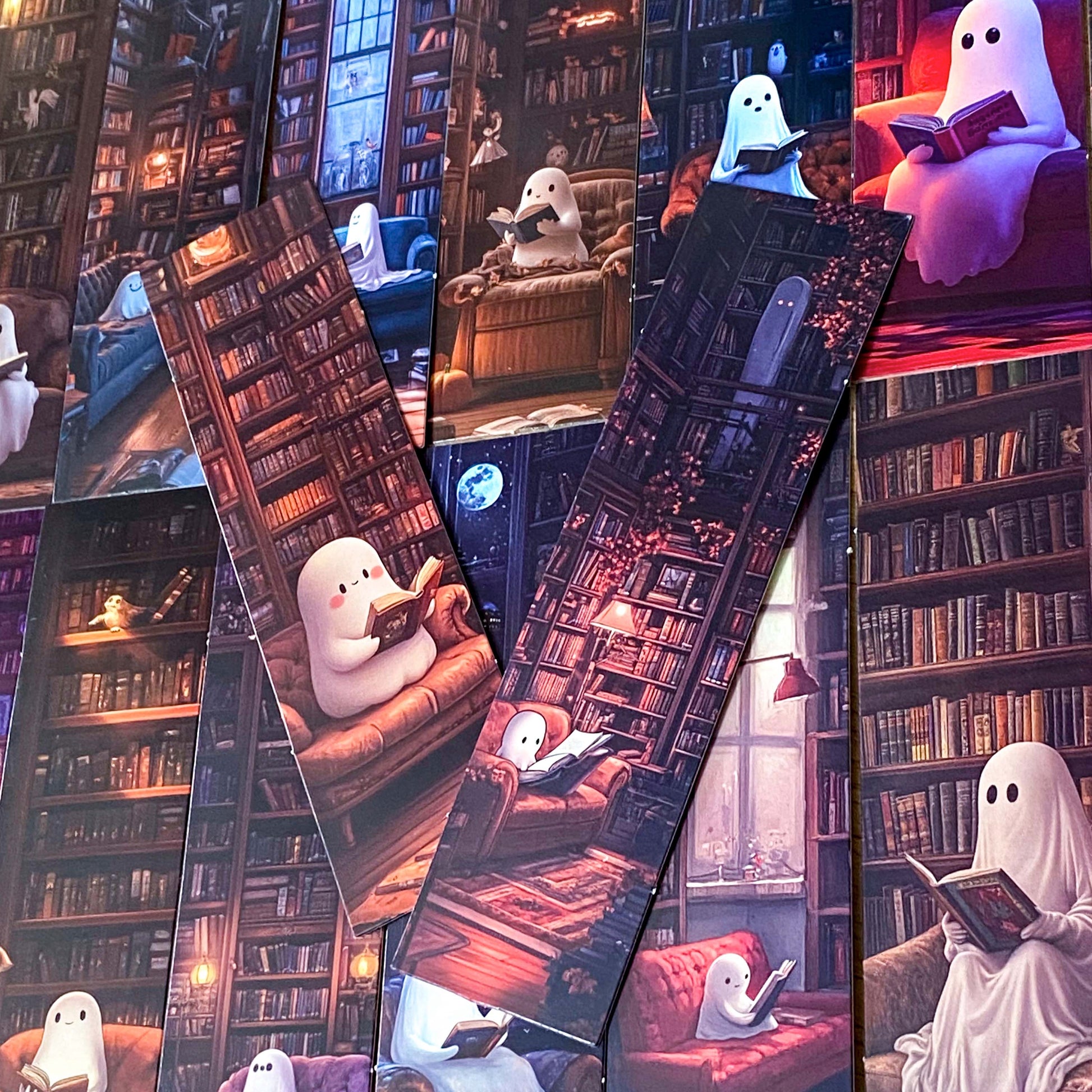 spooky halloween bookmark bookmarks book mark marks cute kawaii ghost ghosts in the library book books reading haunted uk stationery supplies shop store gift gifts fun set 5 card 