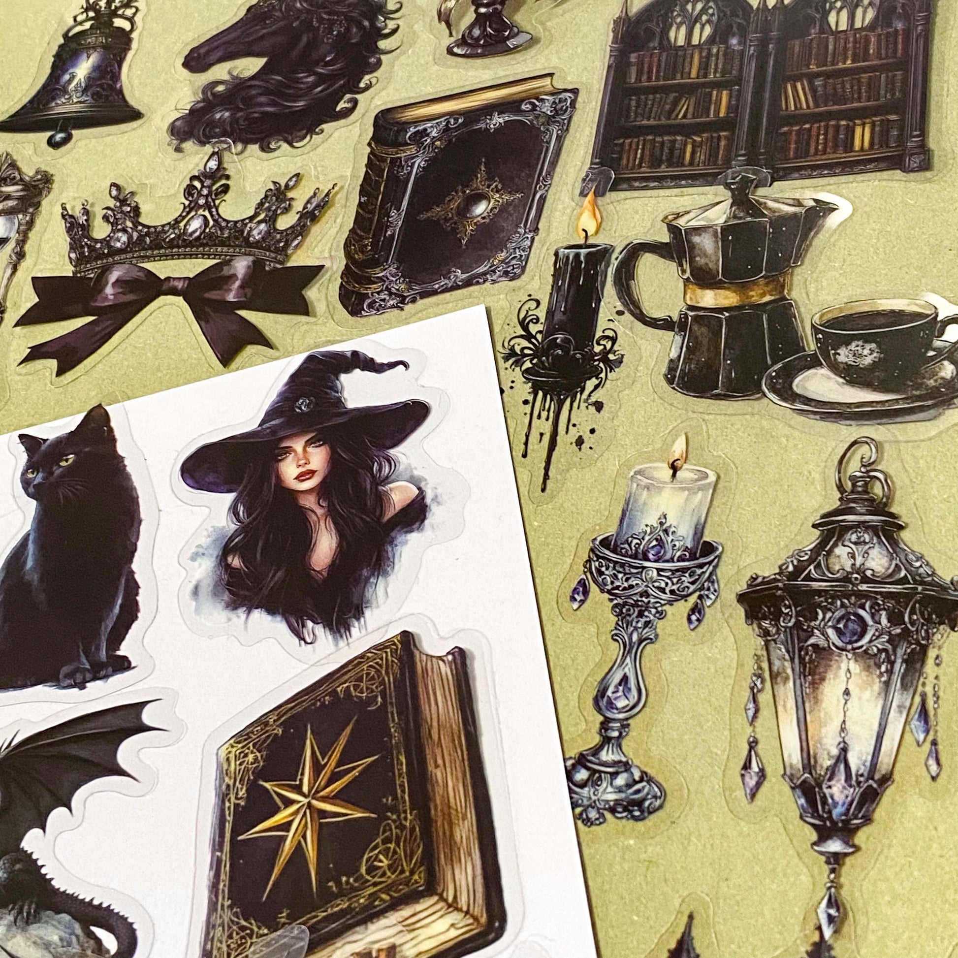 shadow gothic black and dark academia witchy gothic pet stickers pack of 50 with candles, ravens, black cats, hats, crystals, teapots, bats, griffins, potions, spell books. large 70mm clear plastic sticker pack.