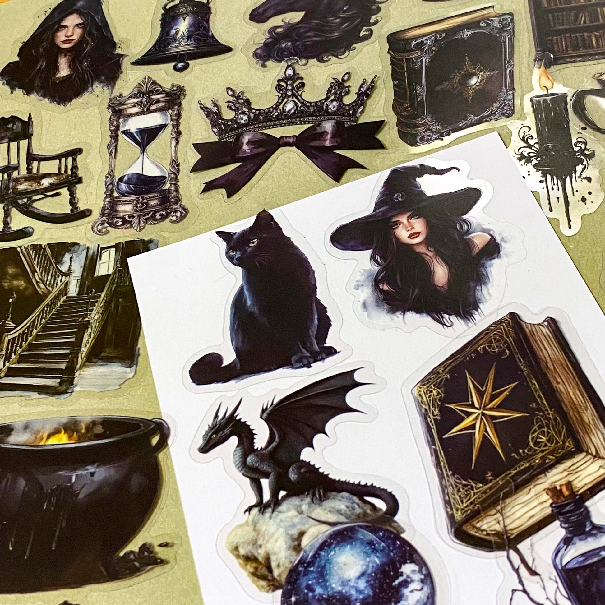 shadow gothic black and dark academia witchy gothic pet stickers pack of 50 with candles, ravens, black cats, hats, crystals, teapots, bats, griffins, potions, spell books. large 70mm clear plastic sticker pack.