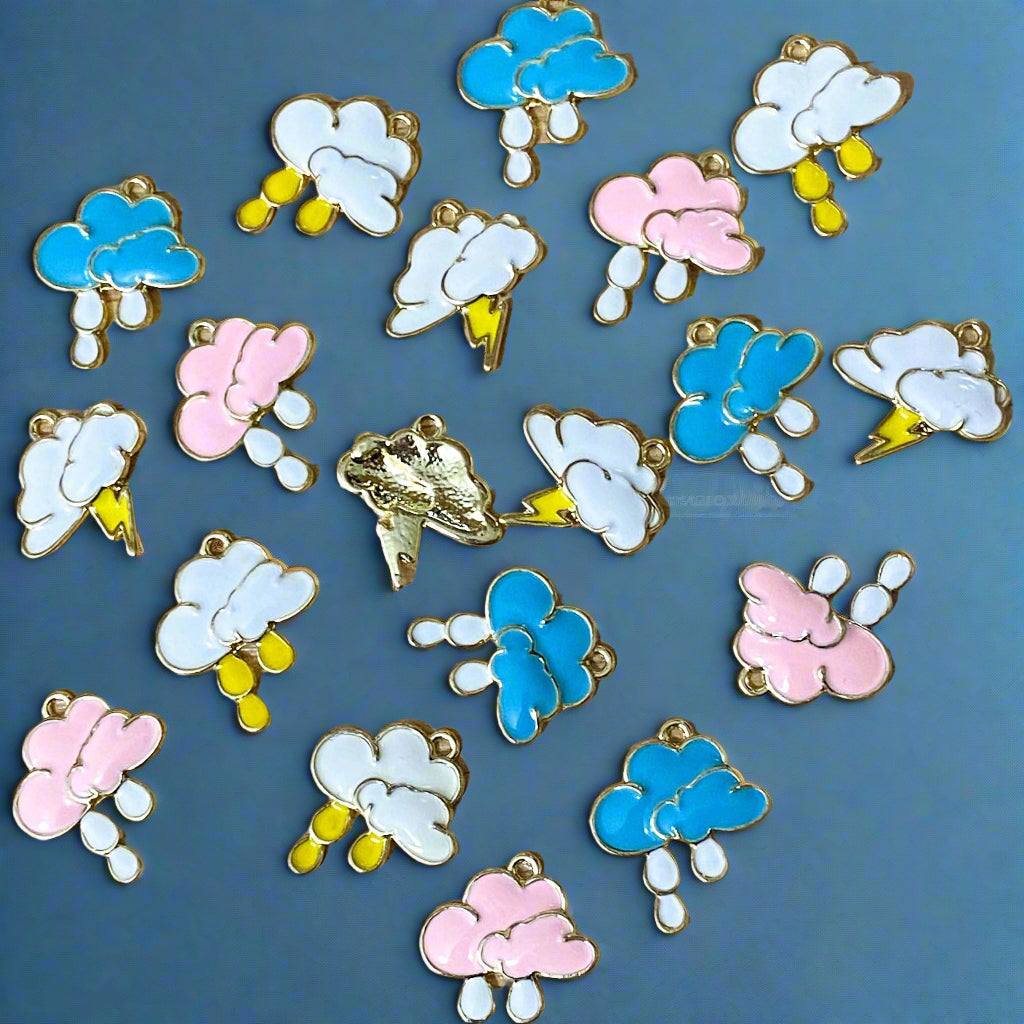 cloud clouds charm charms pendant pendants white blue pink rain raindrop raindrops lightning bolt thunder storm uk cute kawaii craft supplies shop gold tone metal store jewellery making 