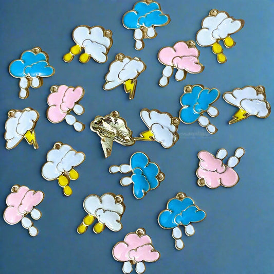 cloud clouds charm charms pendant pendants white blue pink rain raindrop raindrops lightning bolt thunder storm uk cute kawaii craft supplies shop gold tone metal store jewellery making 