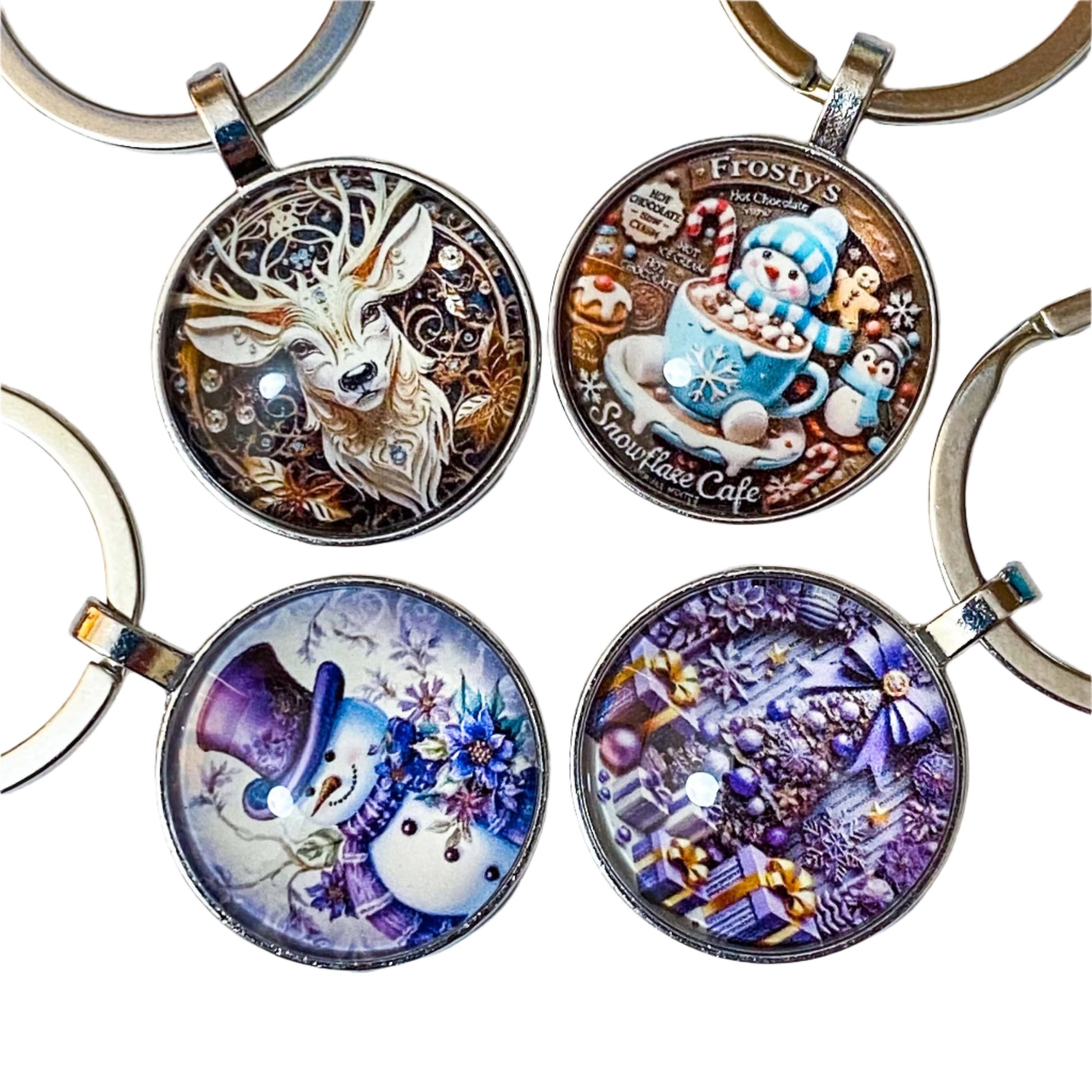 glass cabochon bezel dome domed key keyring keyrings keychain silver metal cute kawaii christmas festive design lilac purple turquoise deer reindeer snowman hot chocolate tree presents gift gifts stocking filler fillers 