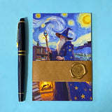 set of 6 dark fantasy postcards featuring wizard, witch, cloaked figures and starry night skies in deep blue and purple tones. arranged with pen for scale and wrapped in kraft belly band with wax seal