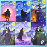 set of 6 dark fantasy postcards featuring wizard, witch, cloaked figures and starry night skies in deep blue and purple tones.