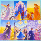 set of 6 romantic fantasy postcards featuring castle scenes, couples, golden fields and fairytale illustrations. angles with pen for scale. 