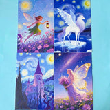 set of 4 fantasy postcards featuring fairy, unicorn and celestial night scenes in soft pastel tones