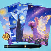 set of 4 fantasy postcards featuring fairy, unicorn and celestial night scenes in soft pastel tones, arranged with pen for scale
