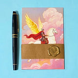 set of 4 fantasy postcards featuring mythical creatures including winged lion and unicorn with celestial skies, wrapped in kraft belly band with wax seal