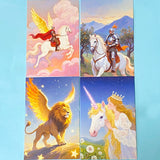 set of 4 fantasy postcards featuring mythical creatures including winged lion and unicorn with celestial skies,